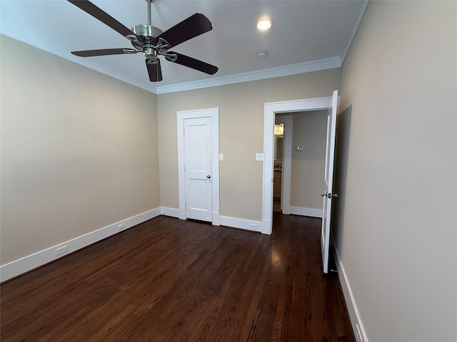 110 E 24th St, Houston, TX 77008 - unfurnished bedroom with dark wood finished floors, crown molding, and a ceiling fan