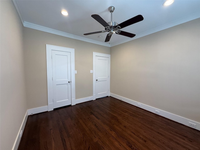 110 E 24th St, Houston, TX 77008 - spare room featuring dark wood-style flooring, ornamental molding, a ceiling fan, and recessed lighting