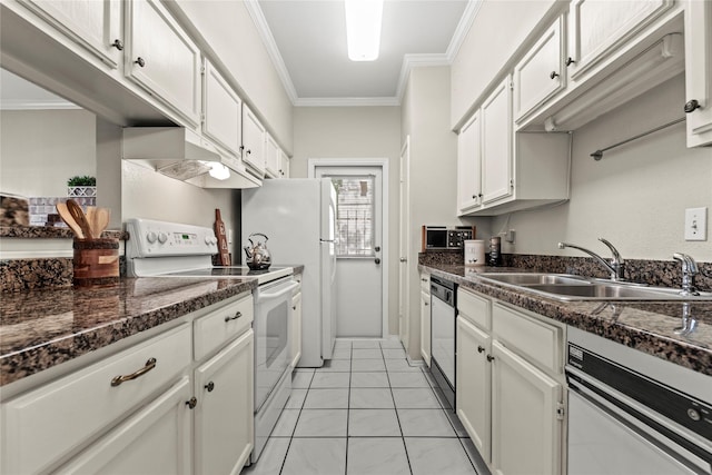 2425 Augusta Dr Unit 30, Houston, TX 77057 - kitchen featuring white appliances, under cabinet range hood, crown molding, white cabinets, and light tile patterned flooring
