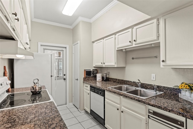 2425 Augusta Dr Unit 30, Houston, TX 77057 - kitchen featuring white dishwasher, crown molding, dark countertops, light tile patterned floors, and stove