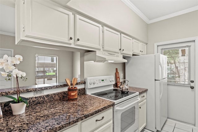 2425 Augusta Dr Unit 30, Houston, TX 77057 - kitchen featuring white electric stove, under cabinet range hood, ornamental molding, white cabinets, and light tile patterned floors