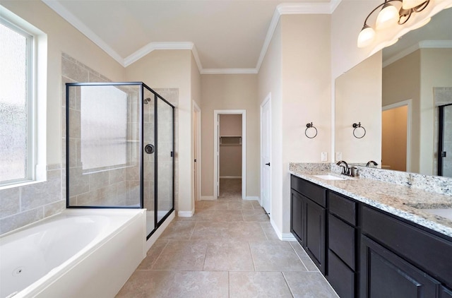 2 Painted Post Pl, Spring, TX 77389 - bathroom featuring a stall shower, double vanity, a bath, plenty of natural light, and ornamental molding