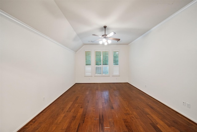 47 Dresden Pl, The Woodlands, TX 77382 - empty room with a ceiling fan, dark wood-type flooring, ornamental molding, and vaulted ceiling