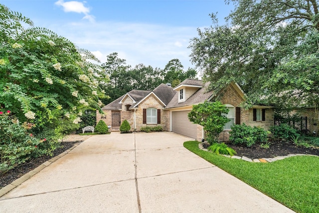 47 Dresden Pl, The Woodlands, TX 77382 - view of front facade with an attached garage, driveway, stone siding, and brick siding