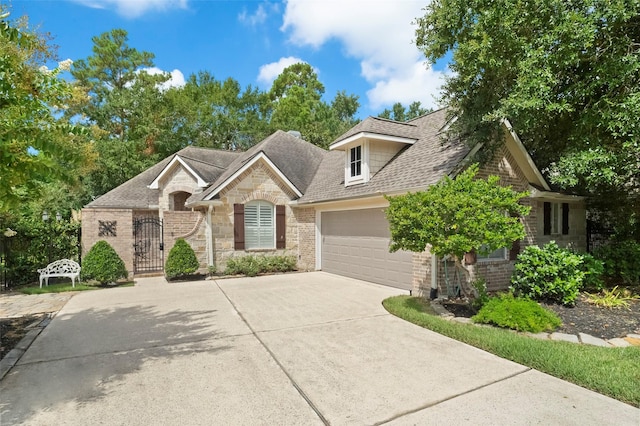 47 Dresden Pl, The Woodlands, TX 77382 - view of front of house with concrete driveway, an attached garage, brick siding, roof with shingles, and stone siding