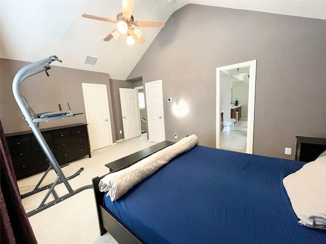 3207 Clearview Cir, Houston, TX 77025 - bedroom with high vaulted ceiling, ensuite bathroom, and ceiling fan