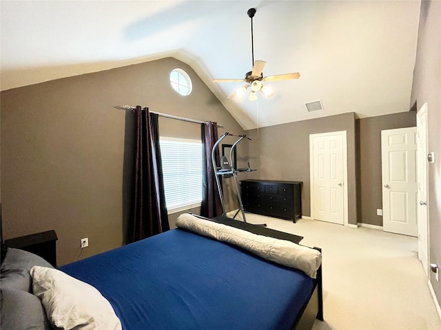 3207 Clearview Cir, Houston, TX 77025 - bedroom featuring vaulted ceiling, carpet flooring, and a ceiling fan