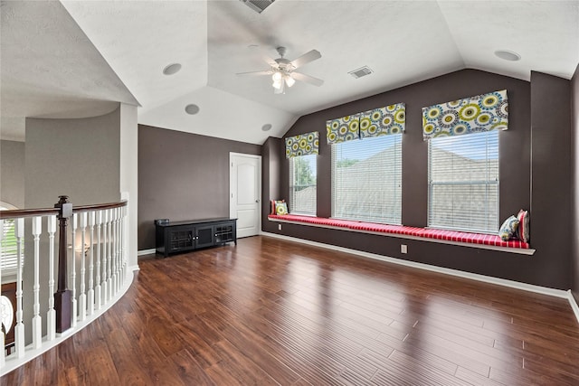 17518 Cypress Laurel St, Houston, TX 77095 - unfurnished living room with vaulted ceiling, ceiling fan, and wood finished floors