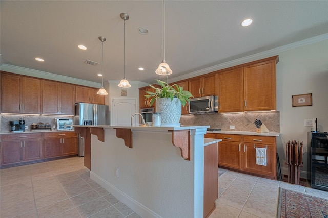 3903 Grand Fir Ct, Richmond, TX 77469 - kitchen featuring appliances with stainless steel finishes, brown cabinetry, light tile patterned floors, backsplash, and light countertops