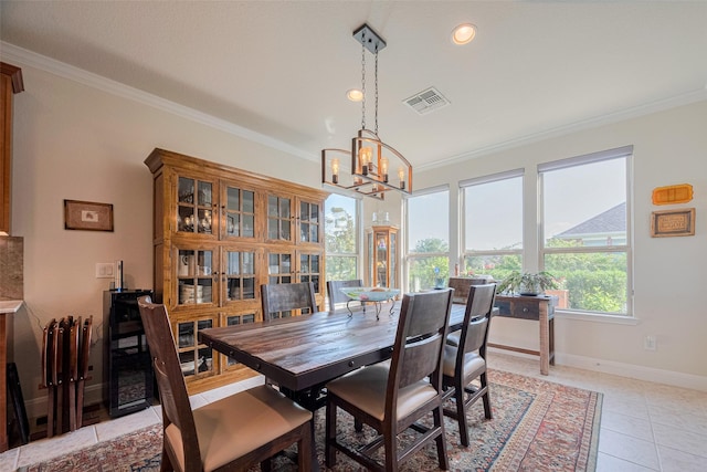 3903 Grand Fir Ct, Richmond, TX 77469 - dining space featuring ornamental molding, a chandelier, light tile patterned flooring, wine cooler, and recessed lighting