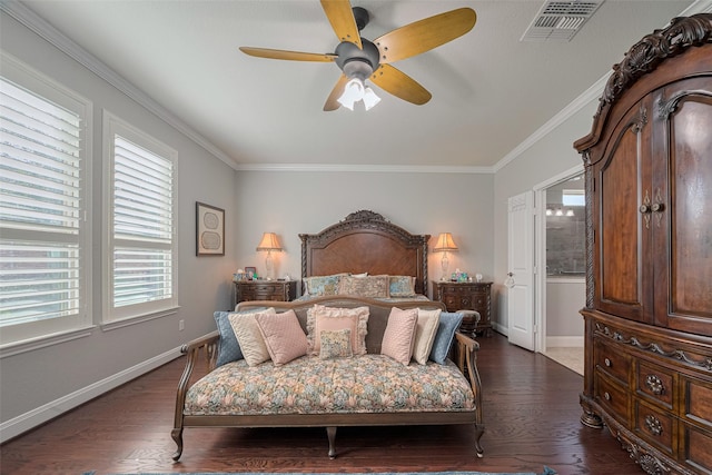 3903 Grand Fir Ct, Richmond, TX 77469 - bedroom with ornamental molding, dark wood finished floors, and ceiling fan