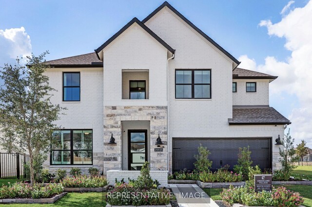 3240 Stingray Cove Dr, Katy, TX 77493 - view of front of house featuring an attached garage, roof with shingles, stone siding, and brick siding