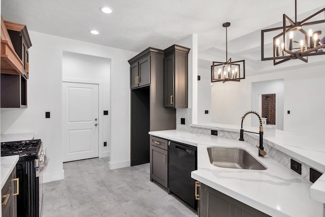 3220 Saint James Blvd, Beaumont, TX 77705 - kitchen featuring dishwasher, a chandelier, stainless steel gas stove, light stone counters, and recessed lighting