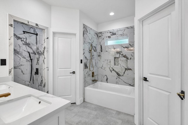 3220 Saint James Blvd, Beaumont, TX 77705 - bathroom featuring a combined bath / shower with marble appearance, double vanity, recessed lighting, and marble look tiles