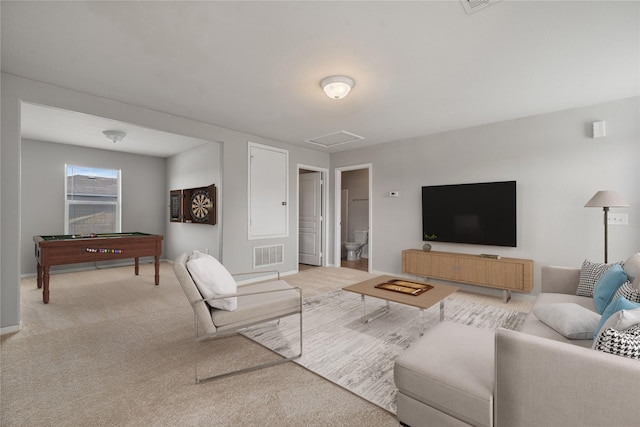 9826 Orchid Spring Ln, Houston, TX 77044 - living area with light carpet, pool table, and attic access