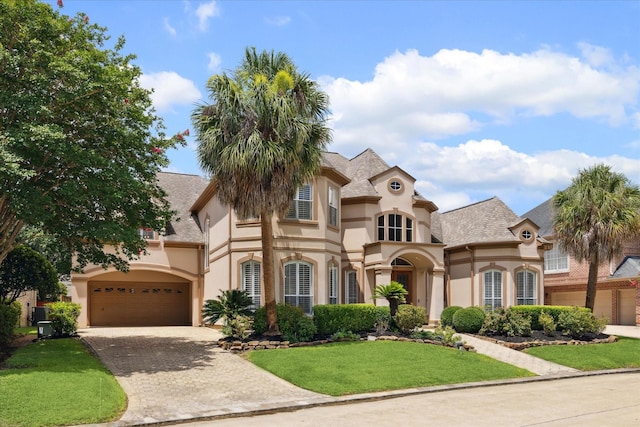 718 Marywood Chase, Houston, TX 77079 - view of front of home with stucco siding, decorative driveway, a front lawn, roof with shingles, and an attached garage