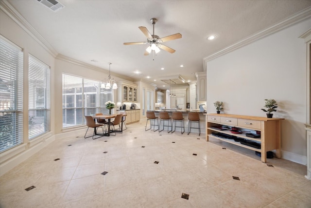 718 Marywood Chase, Houston, TX 77079 - dining space with ornamental molding, light tile patterned floors, recessed lighting, a chandelier, and a ceiling fan
