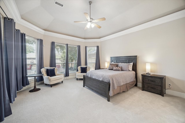 718 Marywood Chase, Houston, TX 77079 - bedroom featuring light colored carpet, a tray ceiling, crown molding, and ceiling fan