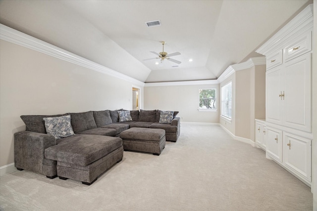 718 Marywood Chase, Houston, TX 77079 - living room featuring ceiling fan, light carpet, and crown molding
