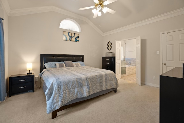 4146 S Webber Dr, Pearland, TX 77584 - bedroom with light carpet, ornamental molding, lofted ceiling, ceiling fan, and connected bathroom