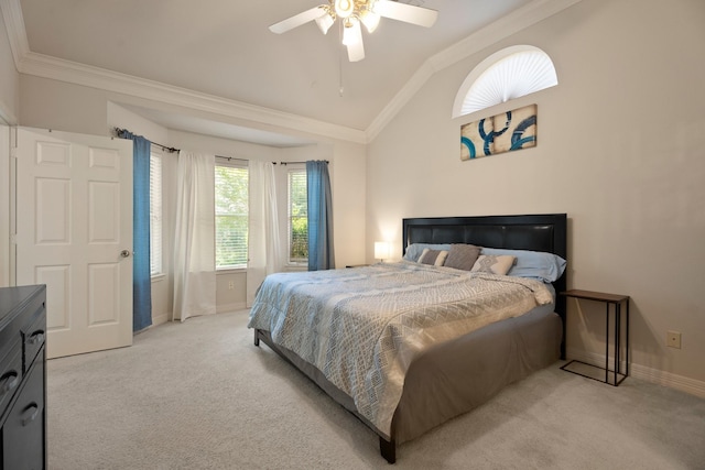 4146 S Webber Dr, Pearland, TX 77584 - bedroom with crown molding, vaulted ceiling, light carpet, and ceiling fan