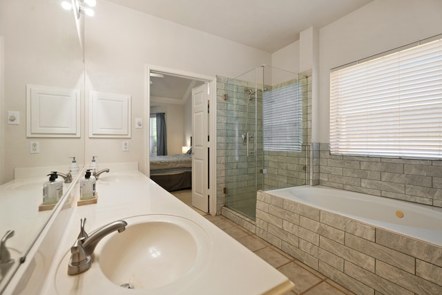 4146 S Webber Dr, Pearland, TX 77584 - bathroom with a shower stall, double vanity, a garden tub, tile patterned flooring, and ensuite bathroom