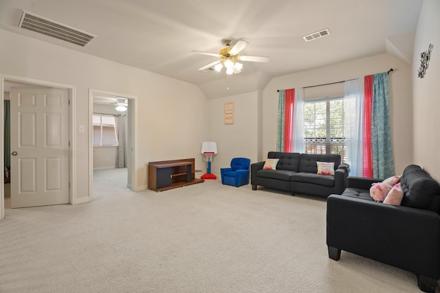 4146 S Webber Dr, Pearland, TX 77584 - carpeted living area featuring a ceiling fan and vaulted ceiling