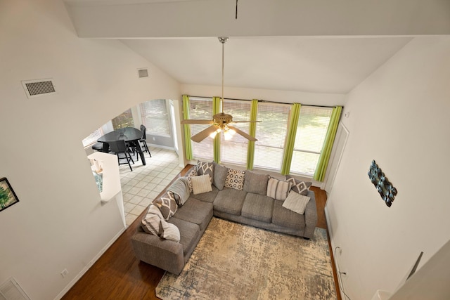 4146 S Webber Dr, Pearland, TX 77584 - living area featuring lofted ceiling, a ceiling fan, and wood finished floors