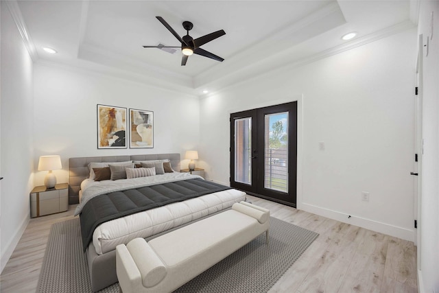 5711 Sudan St, Houston, TX 77020 - bedroom featuring a raised ceiling, crown molding, access to exterior, french doors, and recessed lighting