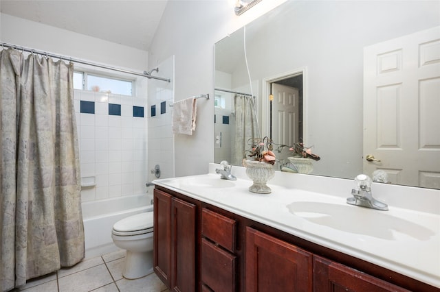 13703 Naples Park Ln, Houston, TX 77070 - bathroom featuring double vanity, shower / tub combo, tile patterned floors, and lofted ceiling