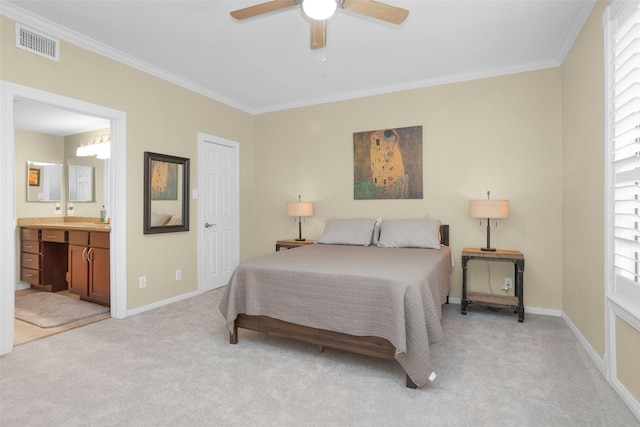 2700 Revere St Unit 147, Houston, TX 77098 - bedroom featuring light colored carpet, crown molding, ceiling fan, and connected bathroom