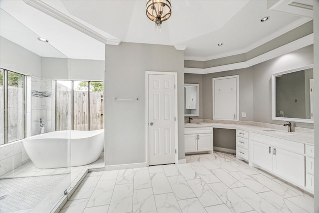 11602 Aspenway Dr, Houston, TX 77070 - full bathroom featuring a freestanding bath, vanity, marble finish flooring, a shower with door, and crown molding