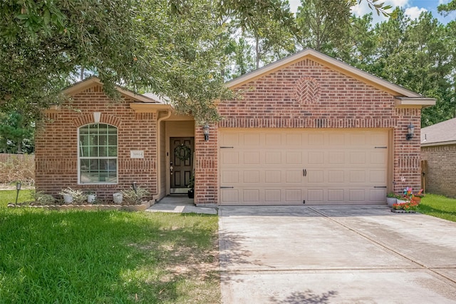 30914 Sweetwater Cir, Magnolia, TX 77355 - ranch-style house featuring brick siding, driveway, an attached garage, and a front yard