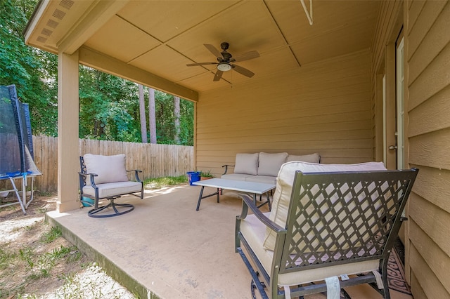 30914 Sweetwater Cir, Magnolia, TX 77355 - view of patio / terrace with a trampoline, a ceiling fan, and outdoor lounge area