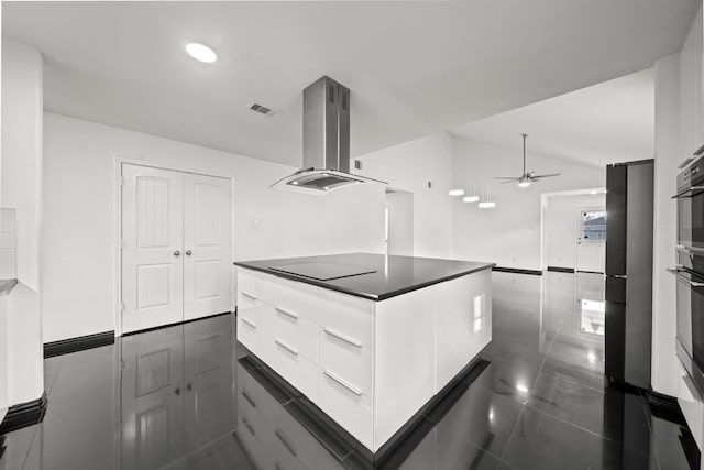 2015 Treasure Mountain Dr, Spring, TX 77388 - kitchen featuring island range hood, modern cabinets, black electric stovetop, white cabinetry, and recessed lighting