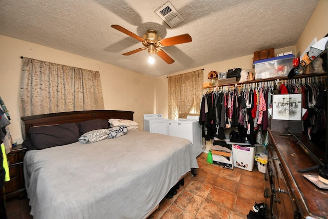 4926 Van Fleet St, Houston, TX 77033 - bedroom with washer and dryer, a textured ceiling, and ceiling fan