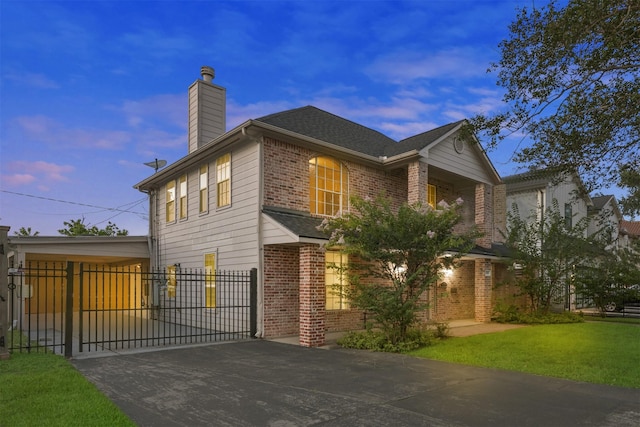 6518 Clawson St, Houston, TX 77055 - property exterior at dusk with brick siding, a chimney, a gate, concrete driveway, and a shingled roof