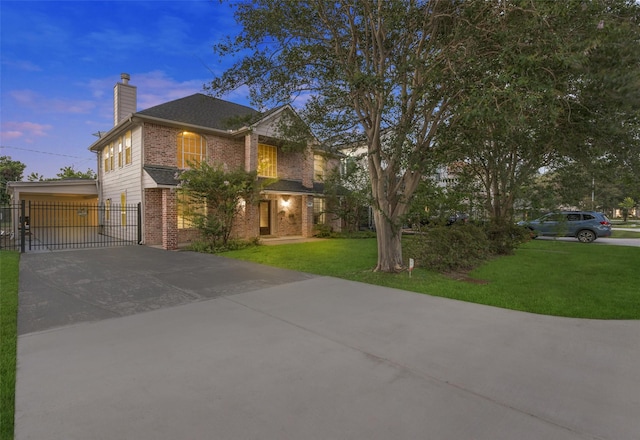 6518 Clawson St, Houston, TX 77055 - traditional home with brick siding, a chimney, driveway, and a gate