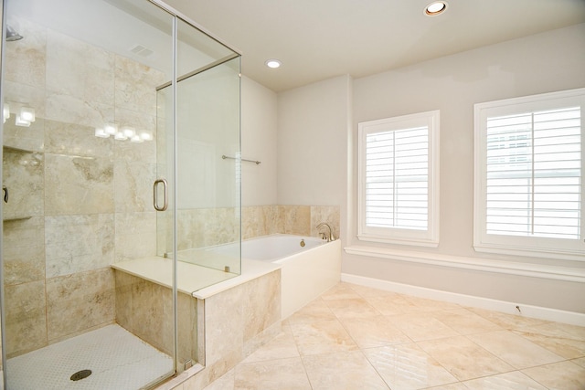 1909 Hickory St, Houston, TX 77007 - full bathroom featuring a garden tub, a stall shower, tile patterned floors, and recessed lighting