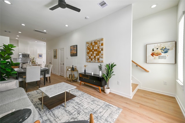 4009 New Orleans St A/B, Unit A/B Houston, TX 77020 - living room with a ceiling fan, stairway, light wood-style flooring, and recessed lighting