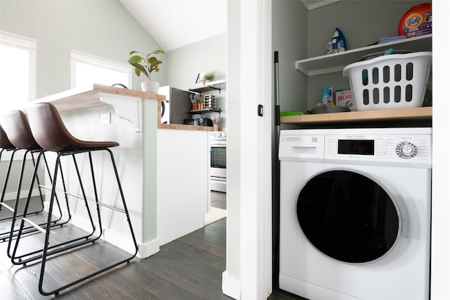 1084 Johnson Rd, Gilchrist, TX 77617 - laundry room featuring washer / dryer and dark wood-style floors