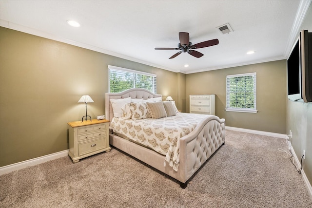607 Ellingham Dr, Katy, TX 77450 - bedroom with light carpet, crown molding, recessed lighting, and a ceiling fan
