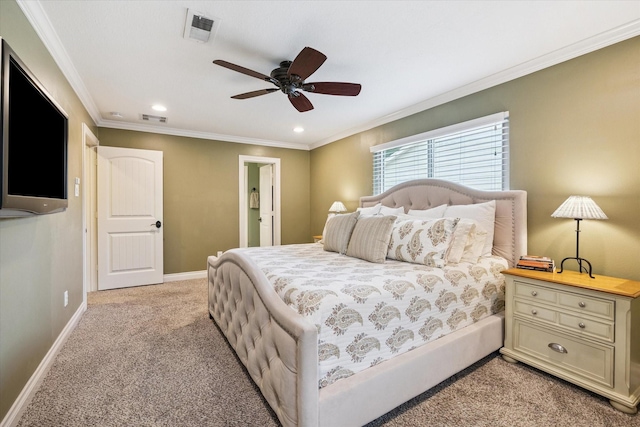 607 Ellingham Dr, Katy, TX 77450 - bedroom with light colored carpet, crown molding, recessed lighting, ceiling fan, and connected bathroom