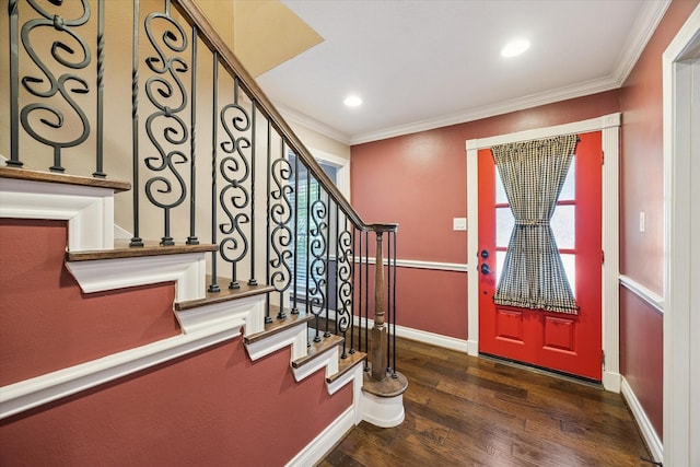 607 Ellingham Dr, Katy, TX 77450 - entryway featuring dark wood-style flooring, crown molding, stairway, and recessed lighting