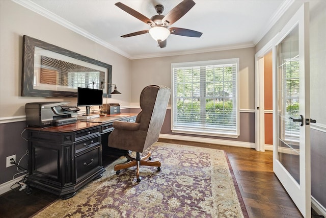 607 Ellingham Dr, Katy, TX 77450 - office with crown molding, wood finished floors, a ceiling fan, and french doors