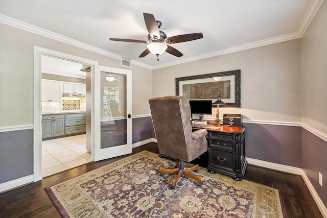607 Ellingham Dr, Katy, TX 77450 - home office featuring hardwood / wood-style flooring, a ceiling fan, ornamental molding, and french doors