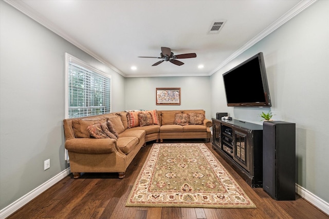 607 Ellingham Dr, Katy, TX 77450 - living area featuring dark wood-style flooring, recessed lighting, crown molding, and ceiling fan