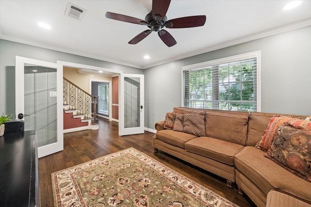 607 Ellingham Dr, Katy, TX 77450 - living room featuring french doors, wood finished floors, stairway, crown molding, and a ceiling fan