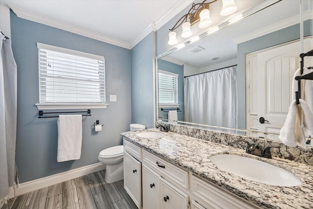 607 Ellingham Dr, Katy, TX 77450 - bathroom with double vanity, a shower with curtain, and ornamental molding