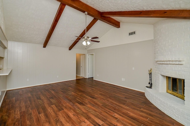 22127 Kerryblue Dr, Katy, TX 77450 - unfurnished living room with wood finished floors, ceiling fan, a fireplace, and wooden walls